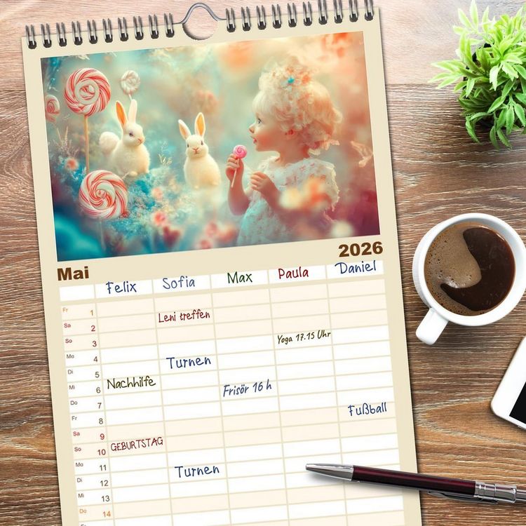 Produktbild: Familienplaner 2026 - Vertr&auml;umte Begegnungen - Kinderkalender mit 5 Spalten (Wandkalender, 21 x 45 cm) CALVENDO