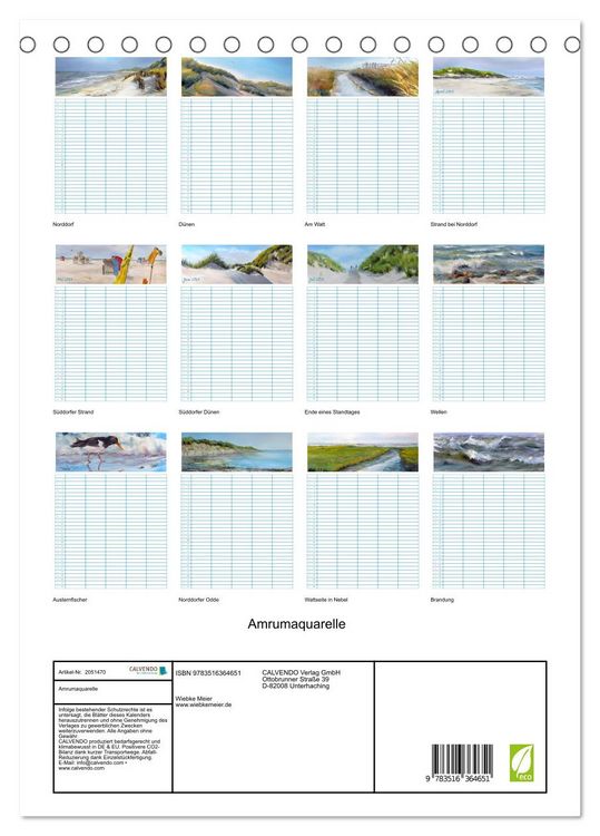 Produktbild: Amrumaquarelle (Tischkalender 2026 DIN A5 hoch), CALVENDO Monatskalender