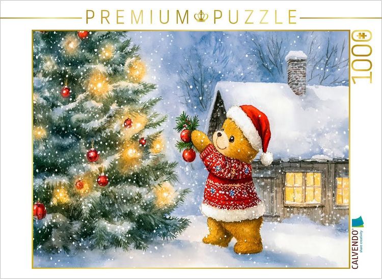 Produktbild: CALVENDO Puzzle Teddy schm&uuml;ckt den Weihnachtsbaum | 1000 Teile Lege-Gr&ouml;&szlig;e 64x48cm Foto-Puzzle f&uuml;r gl&uuml;ckliche Stunden