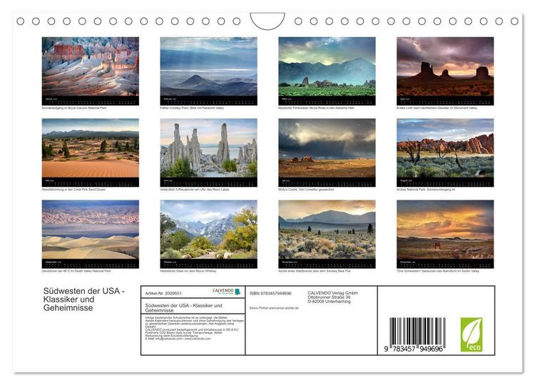 Produktbild: S&uuml;dwesten der USA - Klassiker und Geheimnisse (Wandkalender 2026 DIN A4 quer), CALVENDO Monatskalender