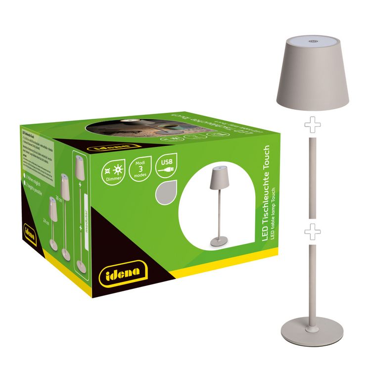 Produktbild: Idena LED Tischleuchte Touch Metall grau 11x24/38cm Akku USB dimmbar 3 Modi Innen und Au&szlig;en