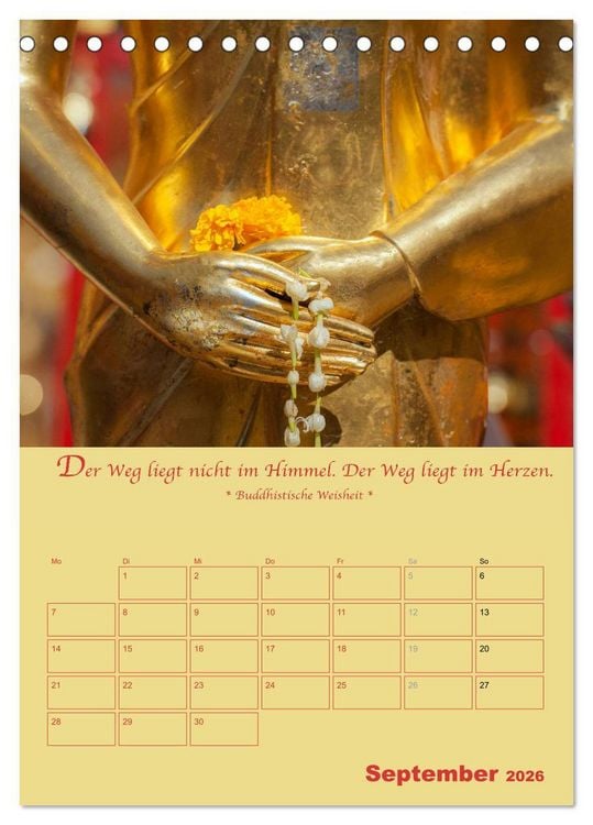 Produktbild: BUDDHA IN GOLD - Mit buddhistischen Spr&uuml;chen (Tischkalender 2026 DIN A5 hoch), CALVENDO Monatskalender