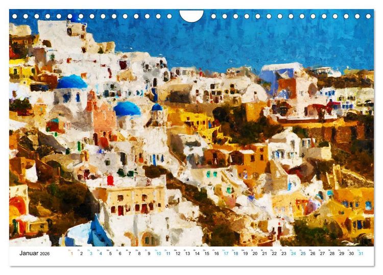 Produktbild: Urlaub auf Santorin - Gemalte Ansichten der Kykladeninsel (Wandkalender 2026 DIN A4 quer), CALVENDO Monatskalender