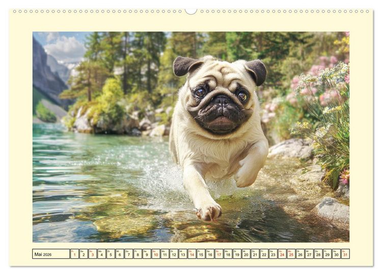 Produktbild: Mops trifft Berglust. Fidele Gipfelst&uuml;rmer im H&ouml;henrausch (hochwertiger Premium Wandkalender 2026 DIN A2 quer), Kunstdruck in Hochglanz