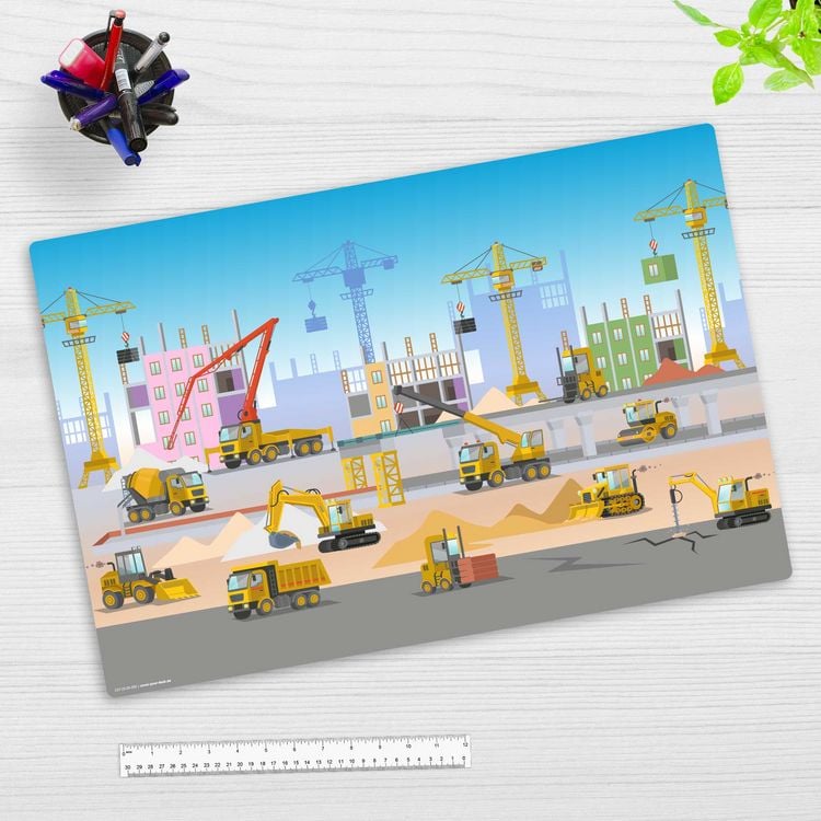 Produktbild: Cover-your-desk Schreibtischunterlage f&uuml;r Kinder Baustelle mit vielen Fahrzeugen Bagger und Kran, aus hochwertigem Vinyl , 60 x 40 cm