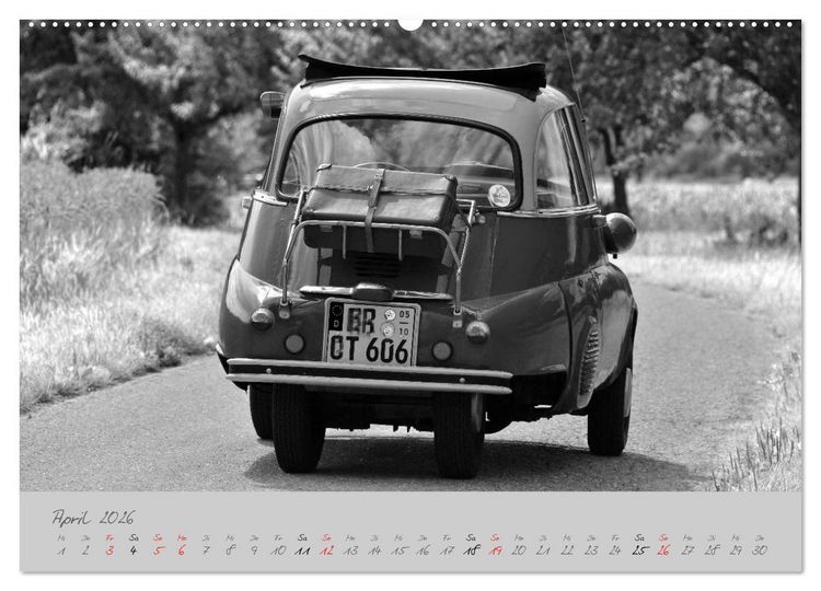 Produktbild: BMW Isetta 300 in schwarzwei&szlig; (hochwertiger Premium Wandkalender 2026 DIN A2 quer), Kunstdruck in Hochglanz