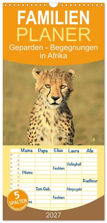 Produktbild: Familienplaner 2027 - Geparden - Begegnungen in Afrika mit 5 Spalten (Wandkalender, 21 x 45 cm) CALVENDO