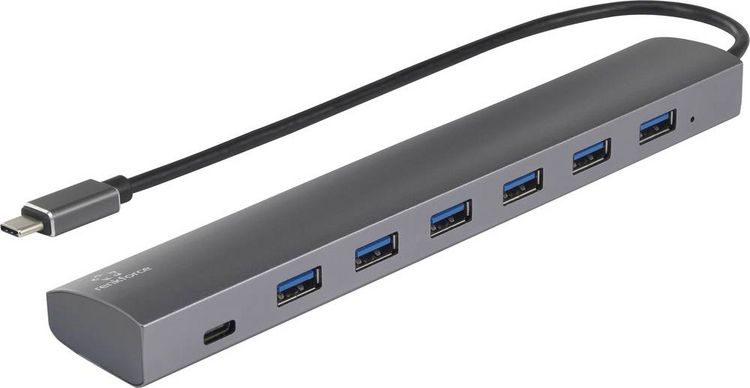 Produktbild: Renkforce RF-3374946 USB-Hub 6+1 Port USB-A USB 3.2 Gen1 5 GBit/s mit Pass-Through Stromanschluss, mit Aluminiumgeh&auml;use Silber