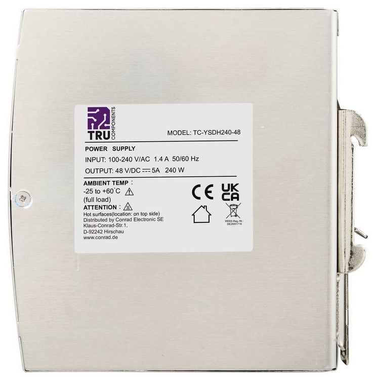 Produktbild: TRU COMPONENTS TC-13850164 Hutschienen-Netzteil (DIN-Rail) 48 V/DC 5 A 240 W Anzahl Ausg&auml;nge:1 x Inhalt 1 St.