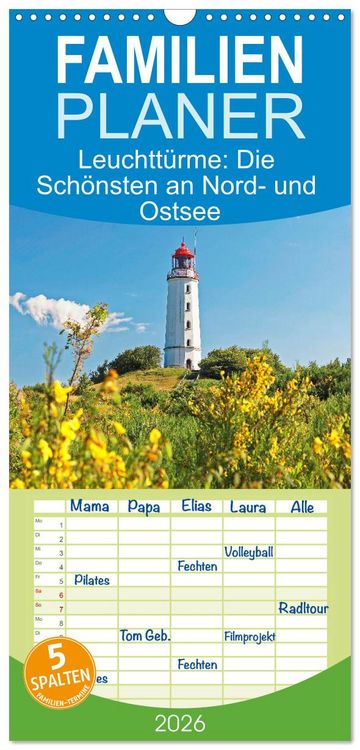 Produktbild: Familienplaner 2026 - Leuchtt&uuml;rme: Die Sch&ouml;nsten an Nord- und Ostsee mit 5 Spalten (Wandkalender, 21 x 45 cm) CALVENDO