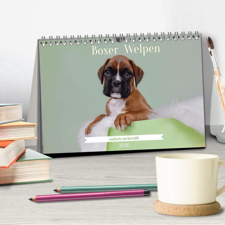 Produktbild: Boxer Welpen einfach zuckers&uuml;&szlig; (Tischkalender 2026 DIN A5 quer), CALVENDO Monatskalender
