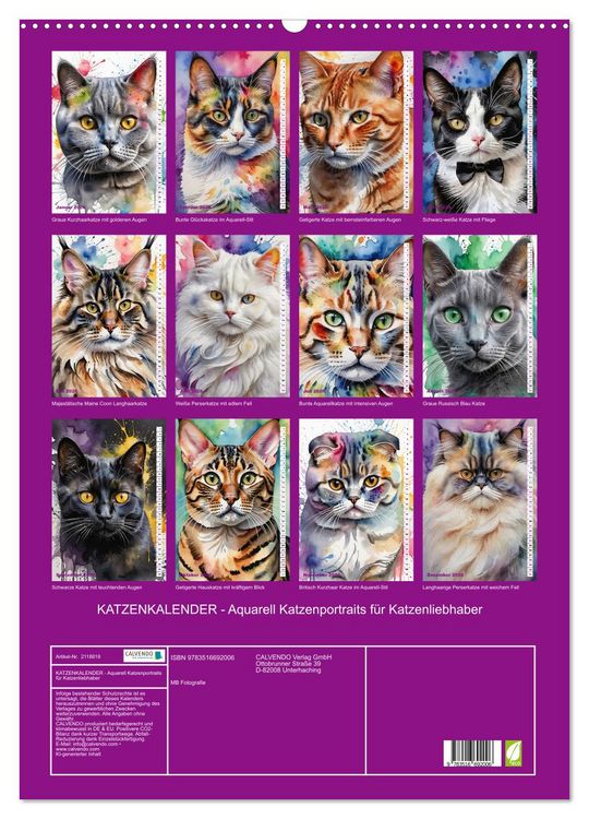 Produktbild: KATZENKALENDER - Aquarell Katzenportraits f&uuml;r Katzenliebhaber (Wandkalender 2026 DIN A2 hoch), CALVENDO Monatskalender