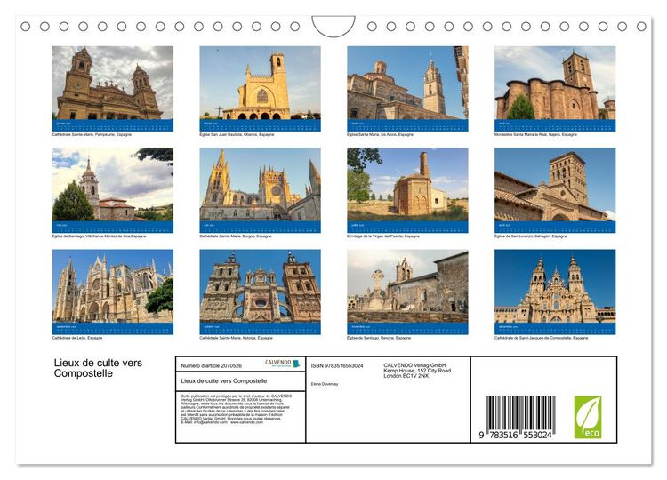 Produktbild: Lieux de culte vers Compostelle (Calendrier mural 2026 DIN A4 vertical), CALVENDO calendrier mensuel