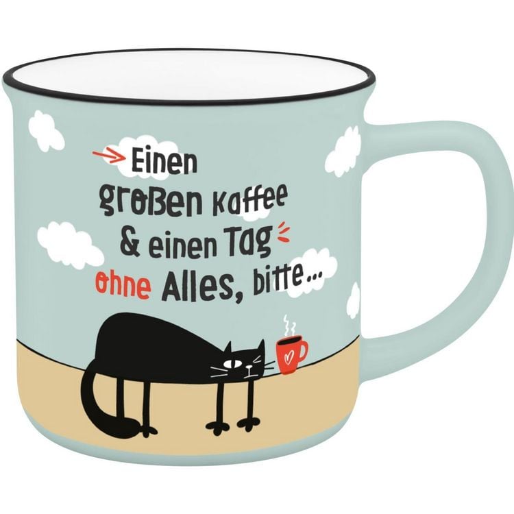 Produktbild: Becher in Emailloptik "Einen gro&szlig;en Kaffee & einen Tag ohne Alles, bitte..."