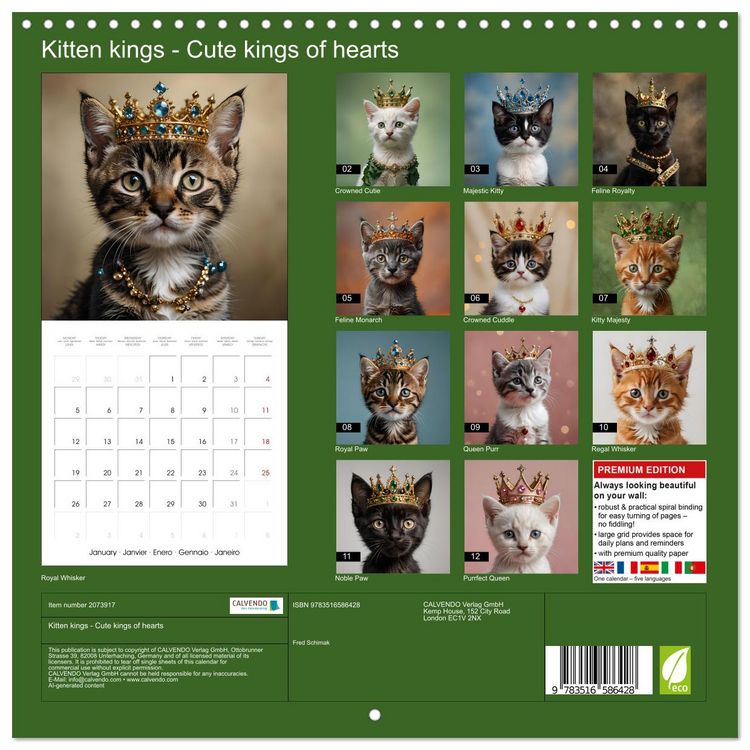 Produktbild: Kitten kings - Cute kings of hearts (Wall Calendar 2026 12 &times; 12 Inch) CALVENDO 12 Month Wall Calendar
