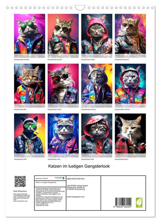 Produktbild: Katzen im lustigen Gangsterlook (Wandkalender 2026 DIN A3 hoch), CALVENDO Monatskalender