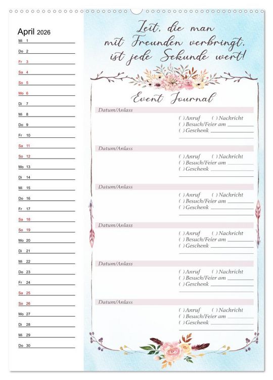 Produktbild: Geburtstagsplaner Boho Blau - F&uuml;r Termine, Geschenke, Eventdetails & mehr (hochwertiger Premium Wandkalender 2026 DIN A2 hoch), Kunstdruck in Hochglanz
