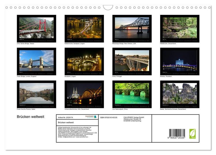 Produktbild: Br&uuml;cken weltweit (Wandkalender 2026 DIN A3 quer), CALVENDO Monatskalender