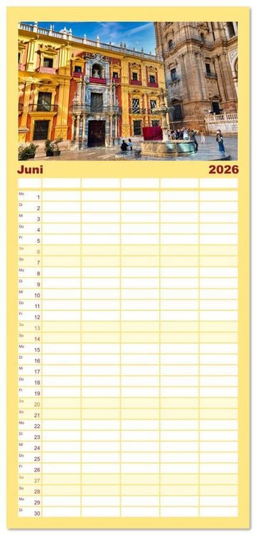 Produktbild: Familienplaner 2026 - Malaga Highlights der Stadt an der Costa del Sol mit 5 Spalten (Wandkalender, 21 x 45 cm) CALVENDO