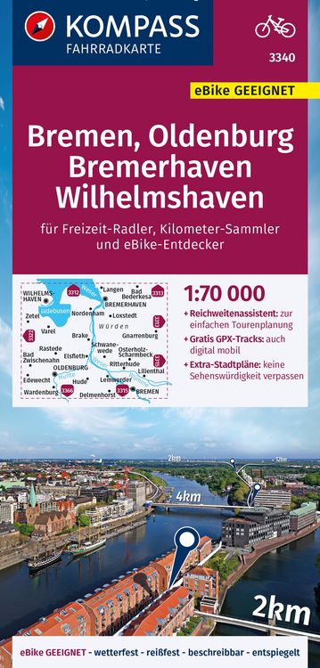 Produktbild: KOMPASS Fahrradkarte 3340 Bremen, Oldenburg, Bremerhaven, Wilhelmshaven 1:70.000