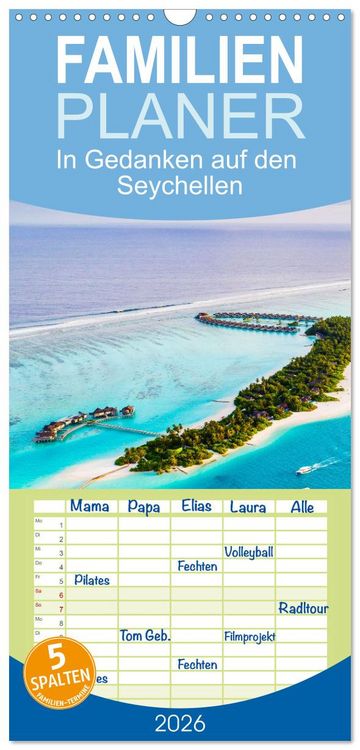 Produktbild: Familienplaner 2026 - In Gedanken auf den Seychellen mit 5 Spalten (Wandkalender, 21 x 45 cm) CALVENDO