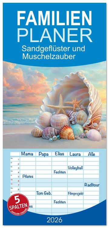 Produktbild: Familienplaner 2026 - Sandgefl&uuml;ster und Muschelzauber mit 5 Spalten (Wandkalender, 21 x 45 cm) CALVENDO