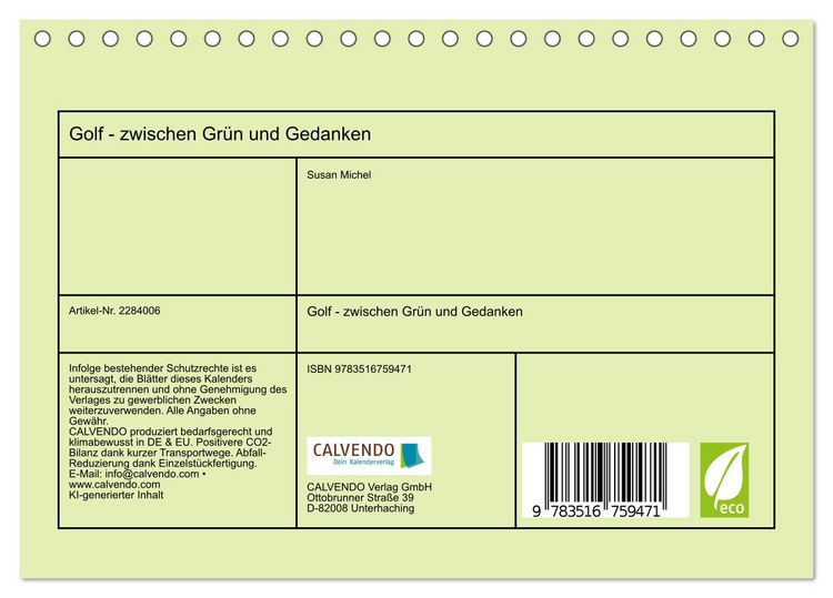 Produktbild: Golf - zwischen Gr&uuml;n und Gedanken (Tischkalender 2027 DIN A5 quer), CALVENDO Monatskalender