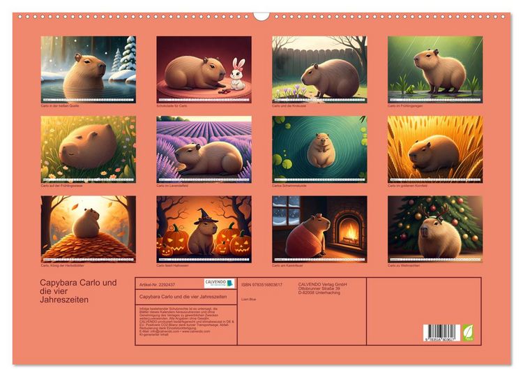 Produktbild: Capybara Carlo und die vier Jahreszeiten (Wandkalender 2027 DIN A2 quer), CALVENDO Monatskalender