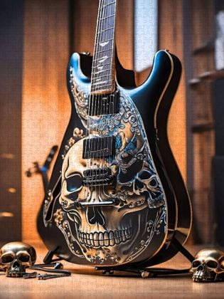Produktbild: CALVENDO Puzzle Gitarre mit Totenk&ouml;pfen | 1000 Teile Lege-Gr&ouml;&szlig;e 64x48cm Foto-Puzzle f&uuml;r gl&uuml;ckliche Stunden