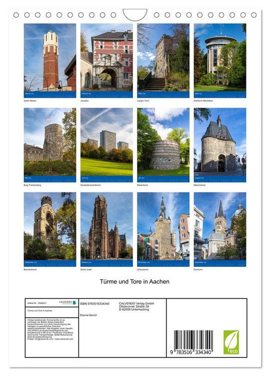 Produktbild: T&uuml;rme und Tore in Aachen (Wandkalender 2026 DIN A4 hoch), CALVENDO Monatskalender