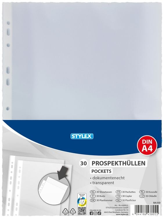 Produktbild: Stylex Prospekth&uuml;llen, DIN A4, 30 St&uuml;ck