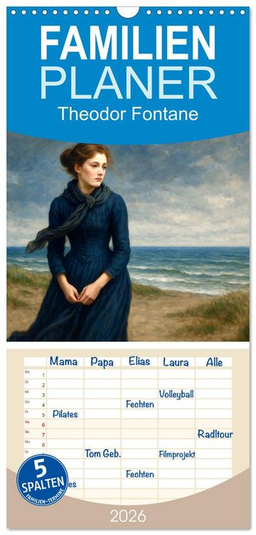 Produktbild: Familienplaner 2026 - Theodor Fontane mit 5 Spalten (Wandkalender, 21 x 45 cm) CALVENDO