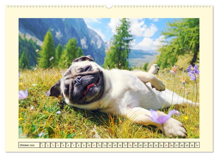 Produktbild: Mops trifft Berglust. Fidele Gipfelst&uuml;rmer im H&ouml;henrausch (hochwertiger Premium Wandkalender 2026 DIN A2 quer), Kunstdruck in Hochglanz