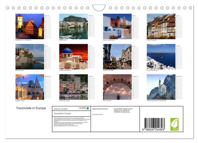 Produktbild: Traumziele in Europa (Wandkalender 2026 DIN A4 quer), CALVENDO Monatskalender