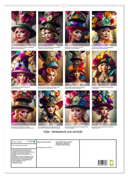 Produktbild: H&uuml;te - fantasievoll und verr&uuml;ckt (Wandkalender 2026 DIN A2 hoch), CALVENDO Monatskalender