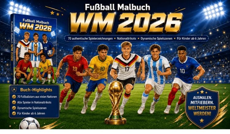 Produktbild: WM 2026 Fu&szlig;ball Malbuch f&uuml;r Kinder ab 6 Jahren mit 70 authentischen Spielerzeichnungen