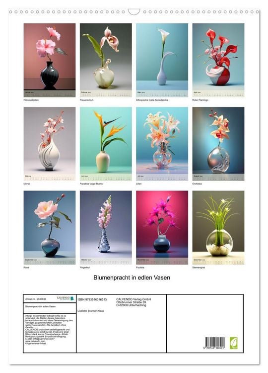 Produktbild: Blumenpracht in edlen Vasen (Wandkalender 2026 DIN A2 hoch), CALVENDO Monatskalender