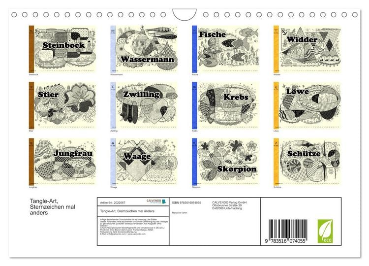 Produktbild: Tangle-Art, Sternzeichen mal anders (Wandkalender 2026 DIN A4 quer), CALVENDO Monatskalender