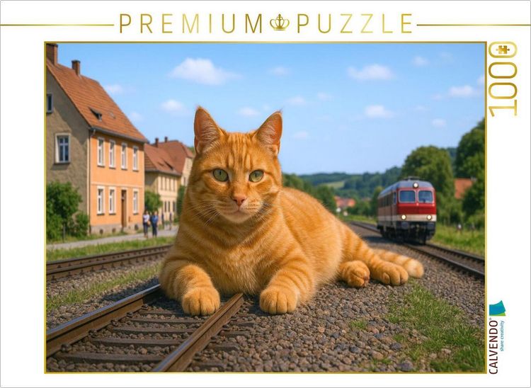 Produktbild: CALVENDO Puzzle Streckensperrung - riesige Katze liegt auf den Schienen | 1000 Teile Lege-Gr&ouml;&szlig;e 64x48cm Foto-Puzzle f&uuml;r gl&uuml;ckliche Stunden