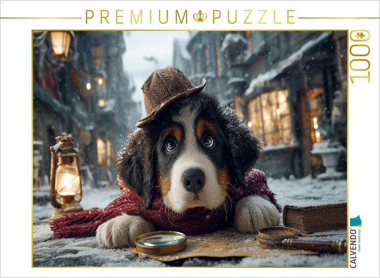 Produktbild: CALVENDO Puzzle Berner Sennenhund als Detektiv im verschneiten Altstadtviertel | 1000 Teile Lege-Gr&ouml;&szlig;e 64x48cm Foto-Puzzle f&uuml;r gl&uuml;ckliche Stunden