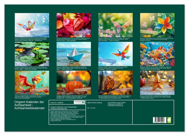 Produktbild: Origami Kalender der Achtsamkeit - Achtsamkeitskalender (Wandkalender 2026 DIN A2 quer), CALVENDO Monatskalender