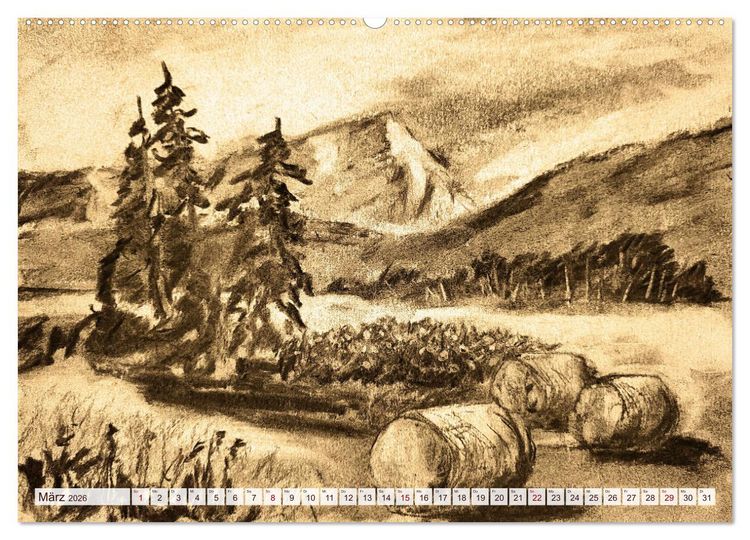 Produktbild: Pausen f&uuml;r deine Seele - Seelenlandschaften in Sepia - Ein Jahr der Ruhe mit Kohlezeichnungen (Wandkalender 2026 DIN A2 quer), CALVENDO Monatskalender