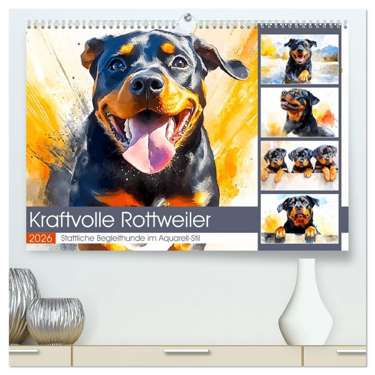 Produktbild: Kraftvolle Rottweiler. Stattliche Begleithunde im Aquarell-Stil (hochwertiger Premium Wandkalender 2026 DIN A2 quer), Kunstdruck in Hochglanz