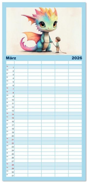 Produktbild: Familienplaner 2026 - Dinozauber &ndash; Wenn Urzeitbewohner zu Freunden werden mit 5 Spalten (Wandkalender, 21 x 45 cm) CALVENDO
