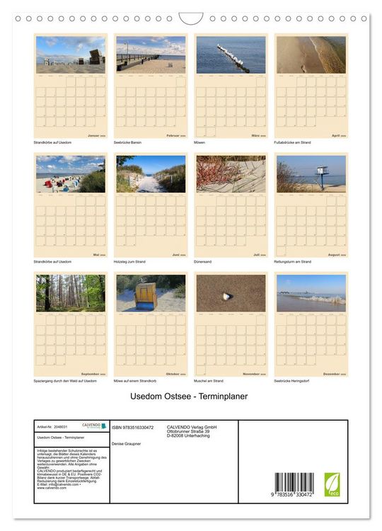 Produktbild: Usedom Ostsee - Terminplaner (Wandkalender 2026 DIN A3 hoch), CALVENDO Monatskalender