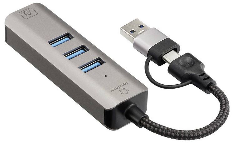 Produktbild: Renkforce RF-6856046 USB-Hub 3 Port USB-A, RJ45 USB 3.2 Gen1 5 GBit/s mit eingebautem Netzwerk-Anschluss Grau RF-EAWH-300