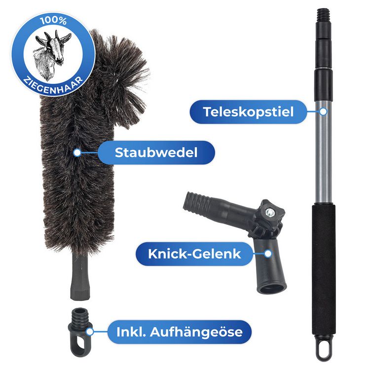 Produktbild: Ziegenhaar-Staubbesen mit Knickgelenk und Teleskop-Stiel, 100 % echtes Ziegenhaar