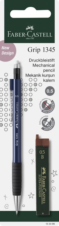 Produktbild: FABER-CASTELL Druckbleistift Grip 1345 + Ersatzminen 0,5mm blau Blister, 5fach sortiert