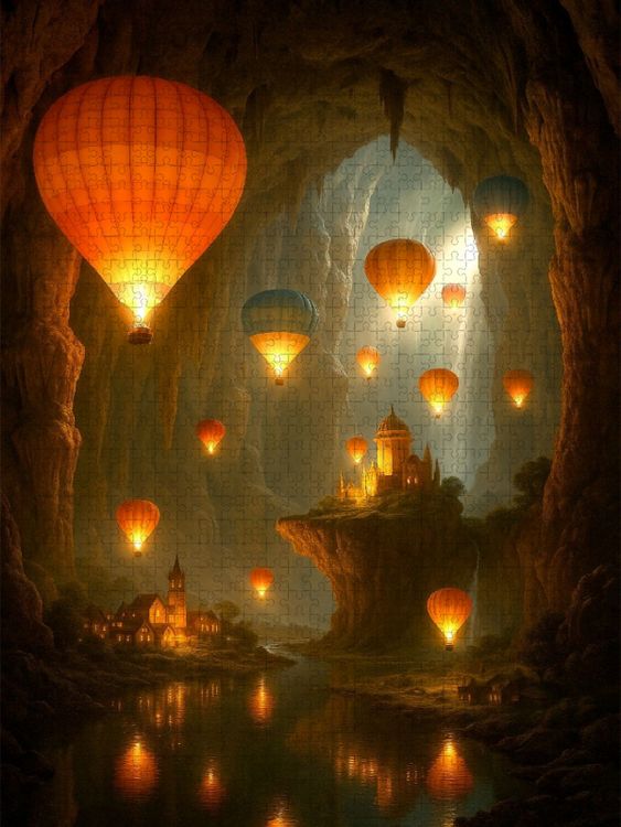 Produktbild: CALVENDO Puzzle N&auml;chtliches Schweben voll Magie - Hei&szlig;luftballons in einer riesigen H&ouml;hle | 1000 Teile Lege-Gr&ouml;&szlig;e 64x48cm Foto-Puzzle f&uuml;r gl&uuml;ckliche S
