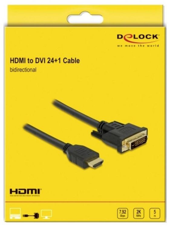 Produktbild: Delock HDMI / DVI Anschlusskabel HDMI-A Stecker, DVI-D 24+1pol. Stecker 5 m Schwarz 85656 dreifach geschirmt, vergoldete Steckkontakte HDMI-Kabel